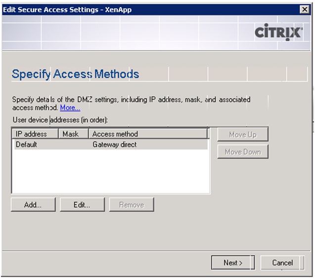 the secure access settings access methods to be gateway direct