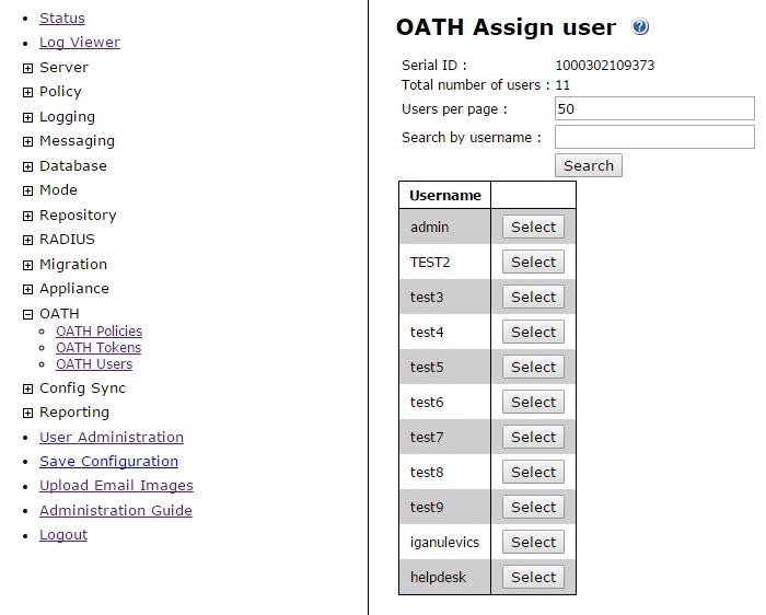 OATH Assign User Screen