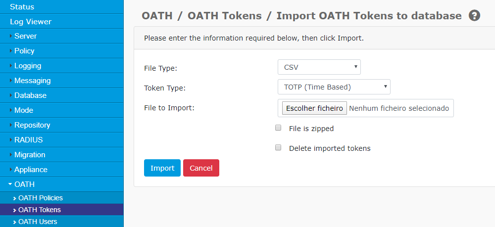 Import OATH Tokens Screen