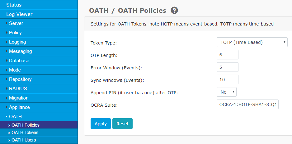 OATH Policies Screen