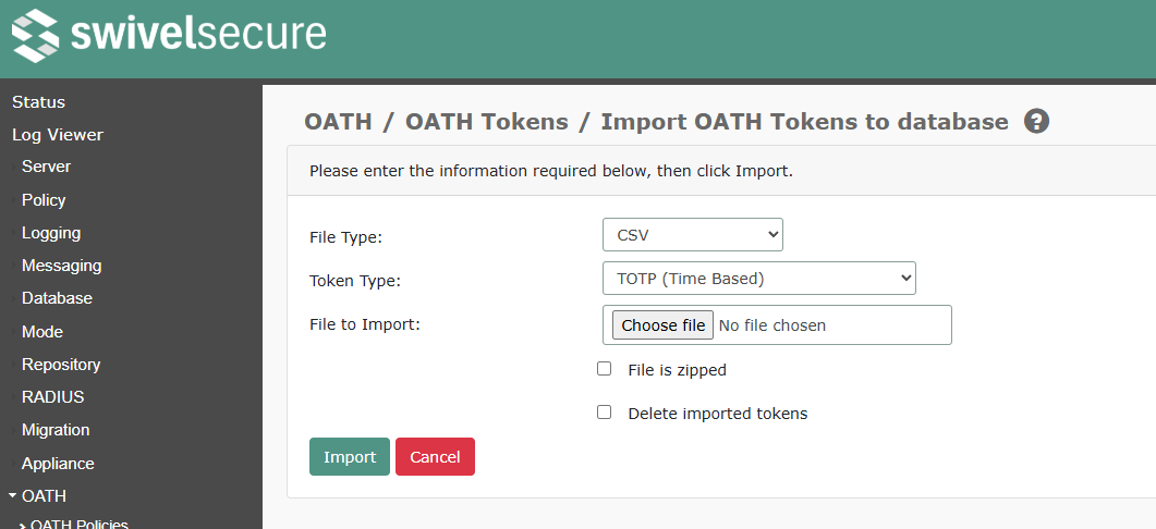 Import OATH Tokens Screen