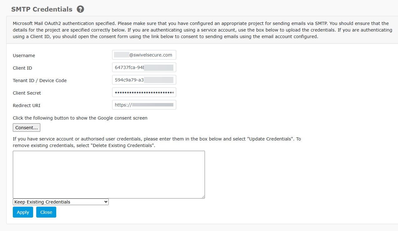 SMTP Server Credentials Configuration