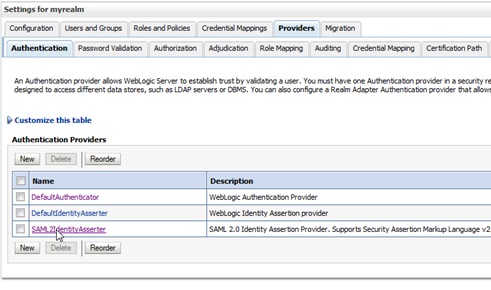 Oracle WebLogic Settings for myrealm Authentication Providers list SAML2IdentityAsserter.jpg